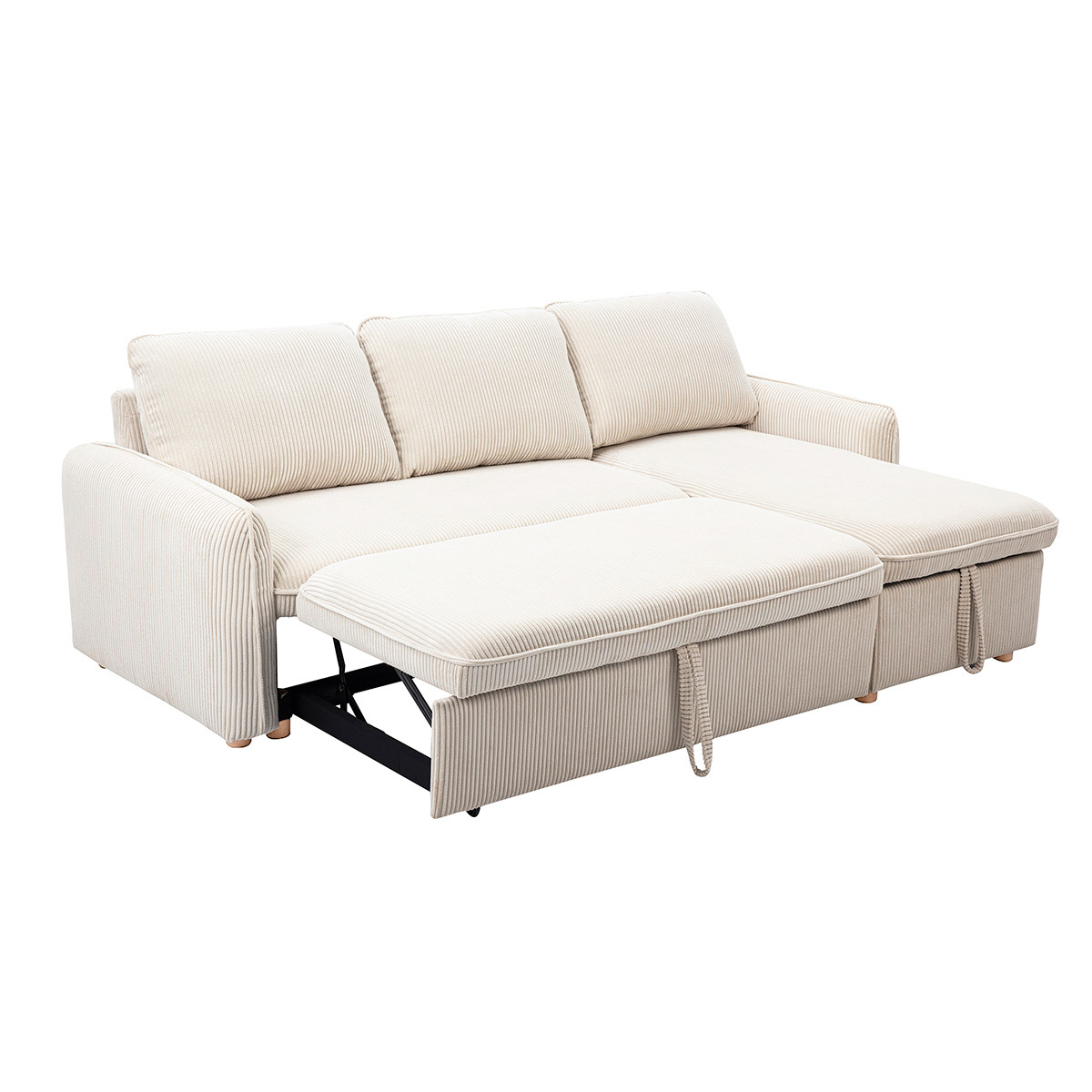 Canapé d'angle convertible réversible avec coffre 3 places en tissu velours côtelé beige et bois clair ORSO beige, MILIBOO