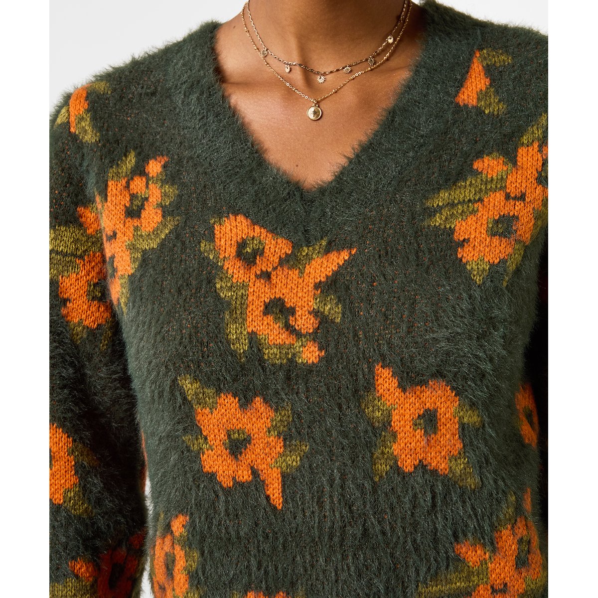 Pull Duveteux Col V Fleurs d'Automne vert, JOE BROWNS