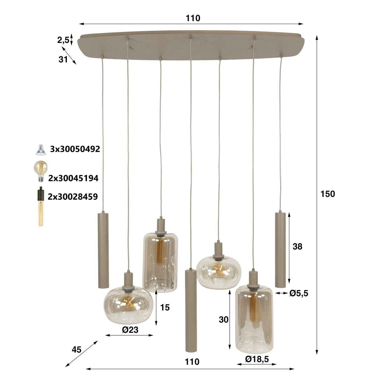 Suspension de table verre et métal beige 7 lampes NIAGARA beige, PIER IMPORT