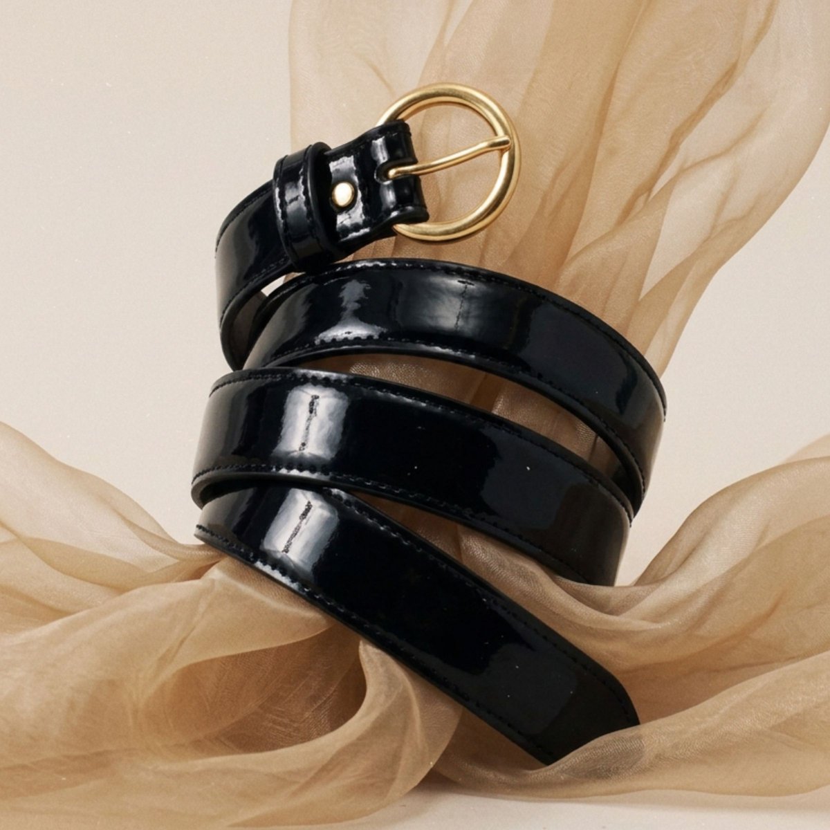 Ceinture boucle d'or cuir vernis noir, JULES & JENN