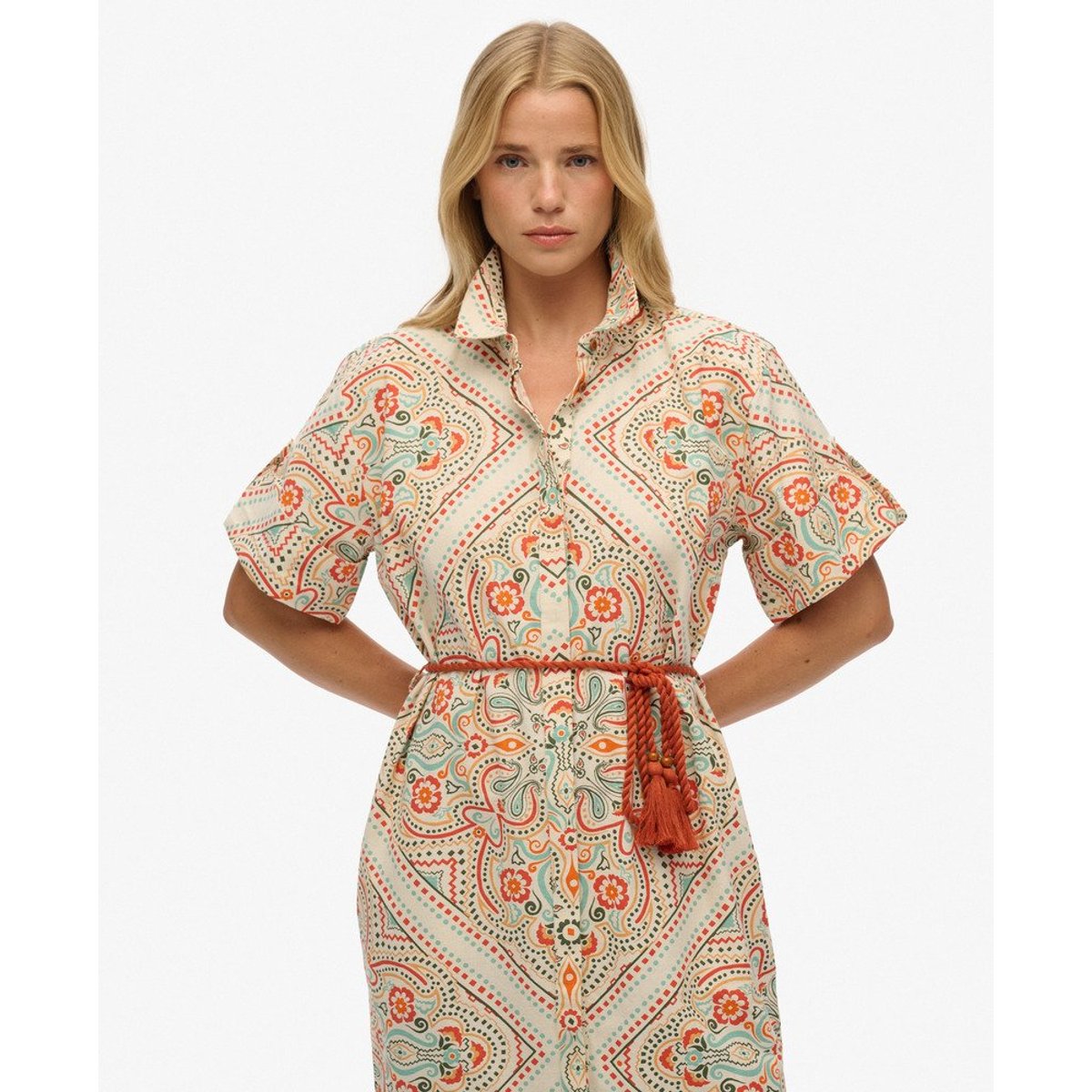 Robe-chemise longue en lin crème imprimé mosaïque matera, SUPERDRY