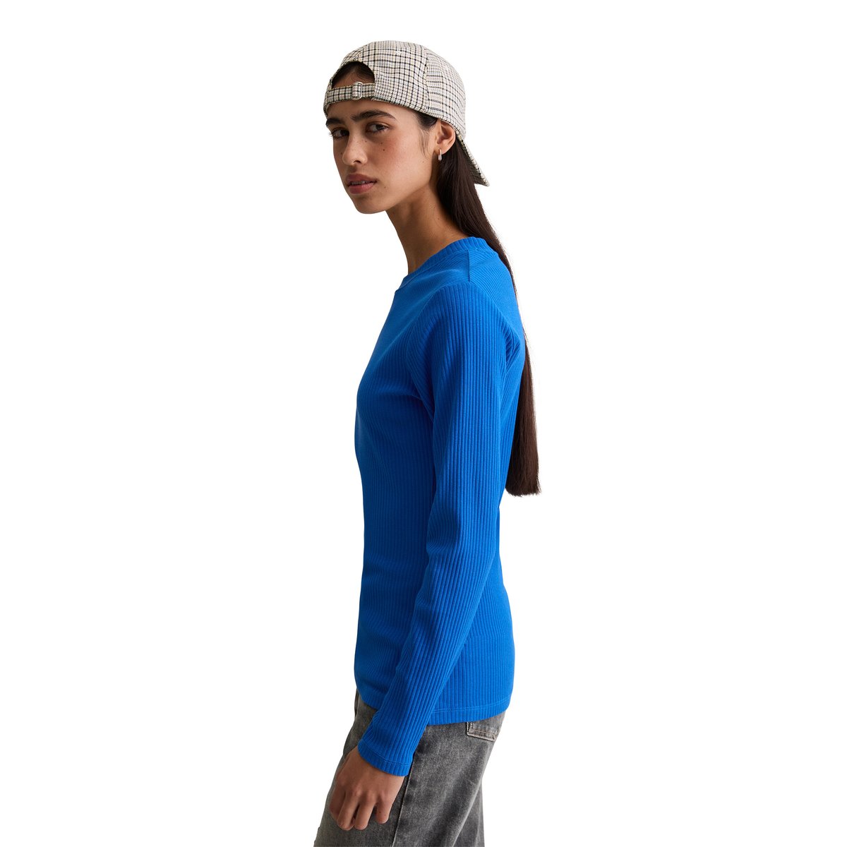 T-shirt long slim en jersey côtelé bleu moyen, MARC O’POLO DENIM