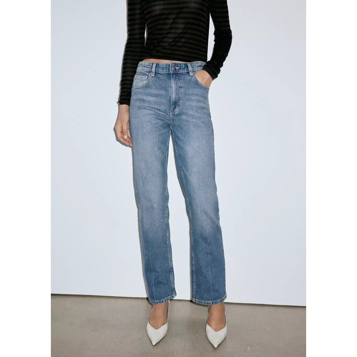 Jean droit taille haute bleu moyen, MANGO
