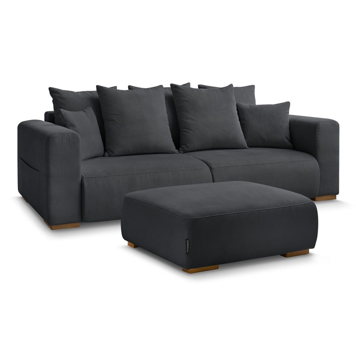 Canapé droit fixe 4 places en velours côtelé avec pouf, SIDONIE noir, BOBOCHIC