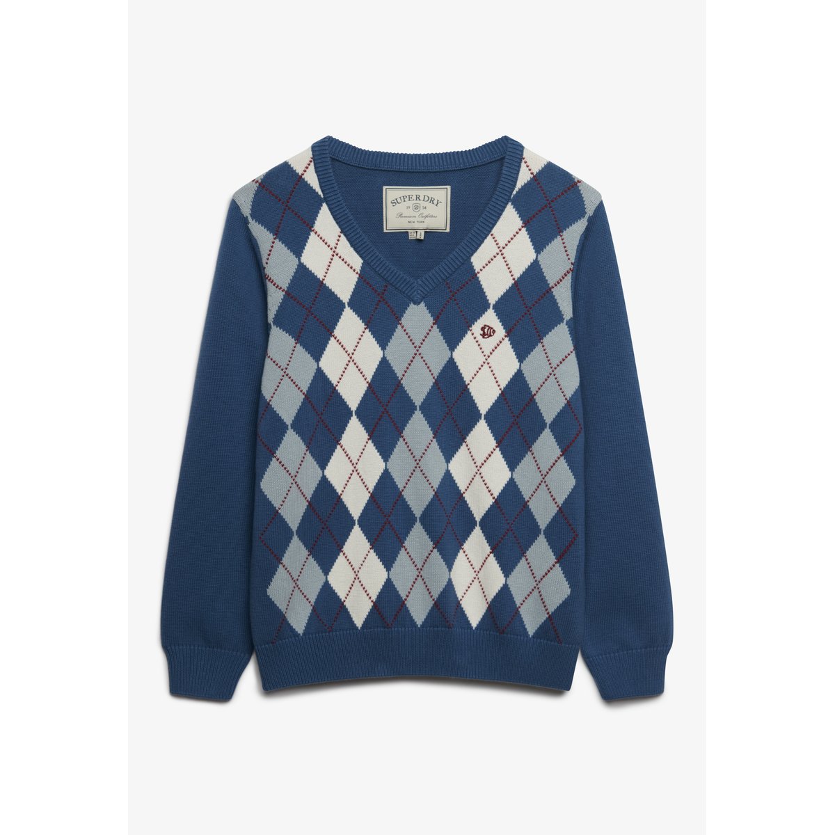 Pull Argyle col V coupe décontractée argyle bleu moyen, SUPERDRY