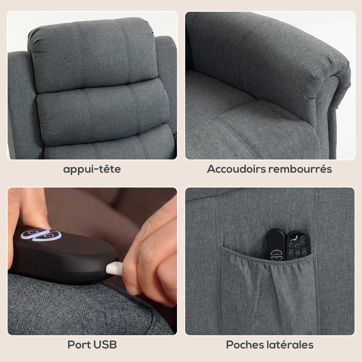 Fauteuil releveur multifonctionnel Lin (100% gris, HOMCOM
