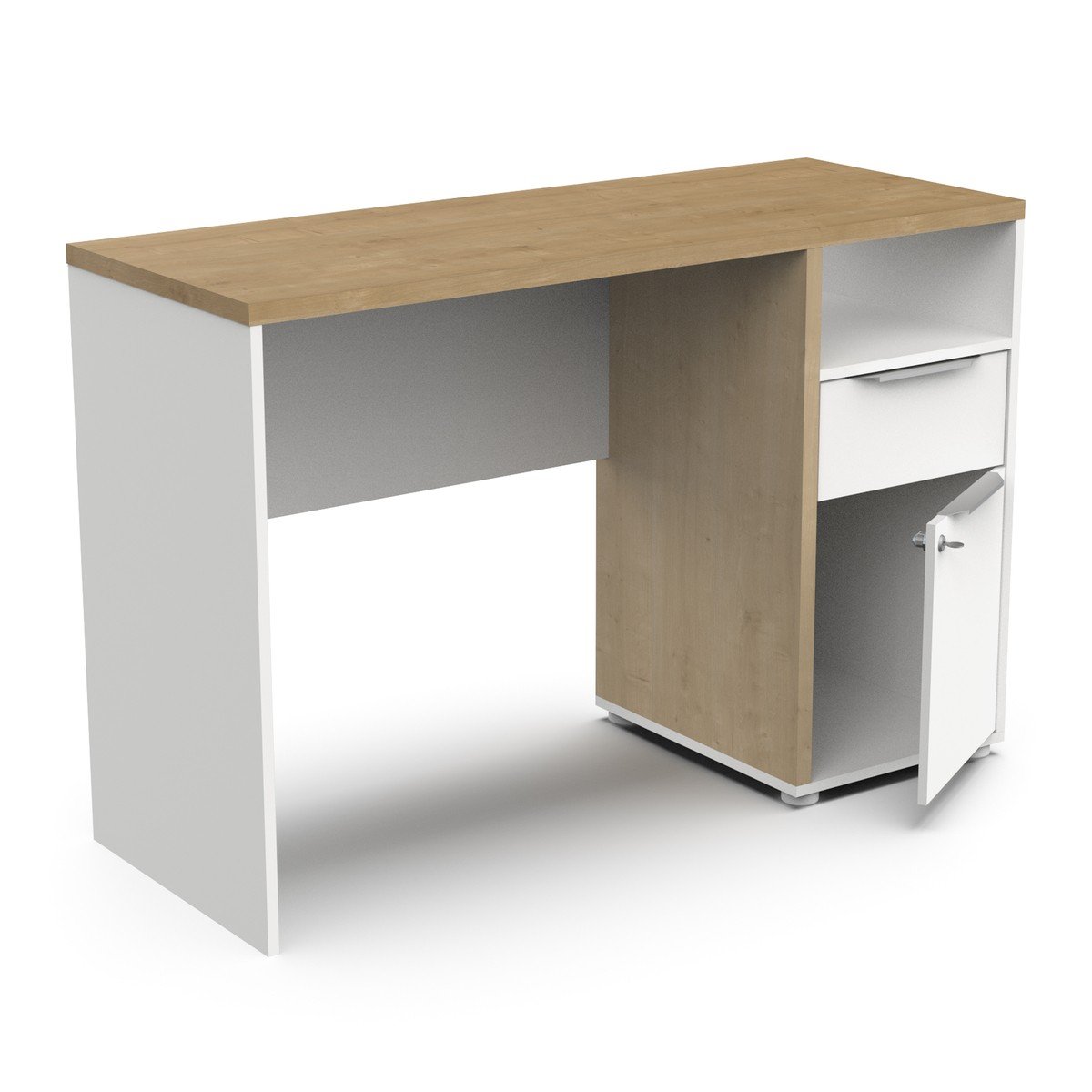 Bureau 1 porte, 1 tiroir et 1 niche décor chêne et blanc mat H77,4 cm - ACCESS bois clair, CALICOSY