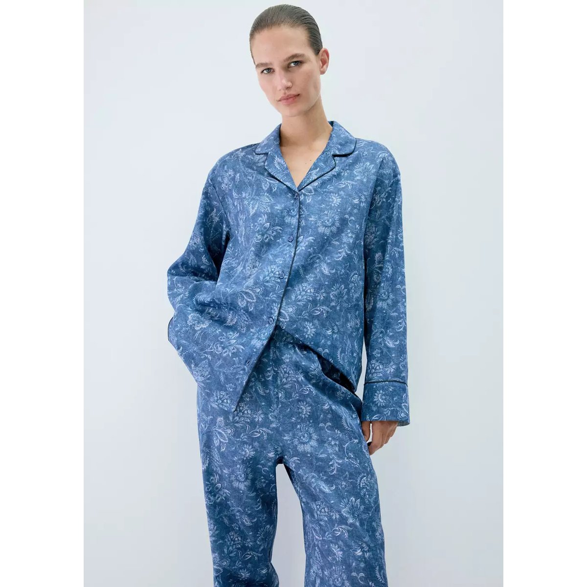 Pantalon pyjama imprimé passepoil bleu marine, MANGO