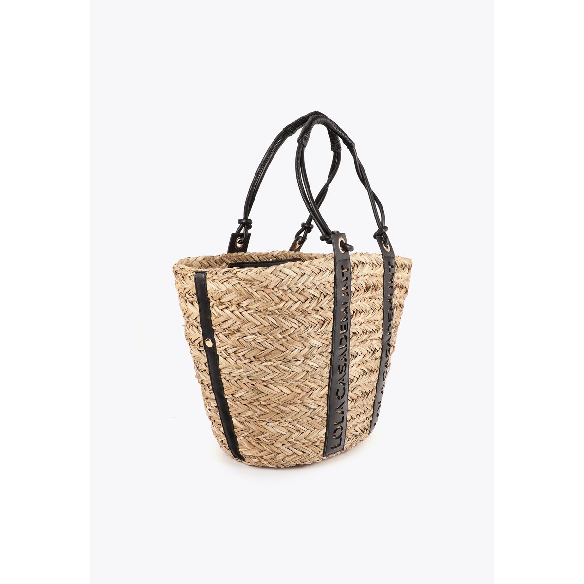 Panier tressé avec poignée logo découpé beige, LOLA CASADEMUNT