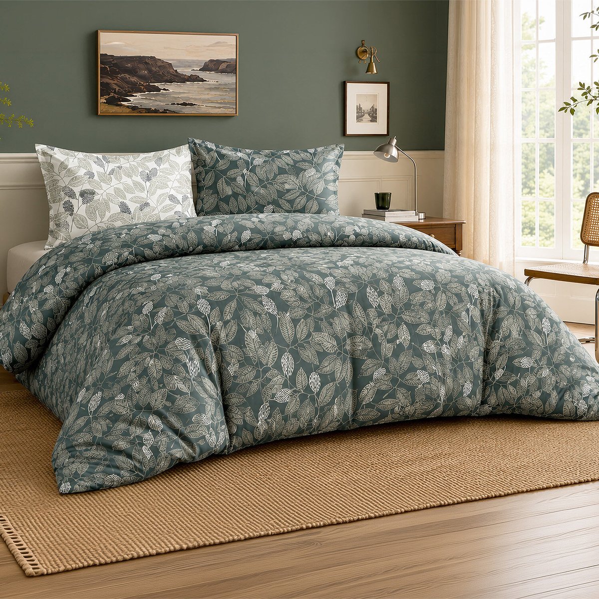 Parure de lit en percale de coton motif feuillages, EMERIDE multicolore, ATELIER DU COTON