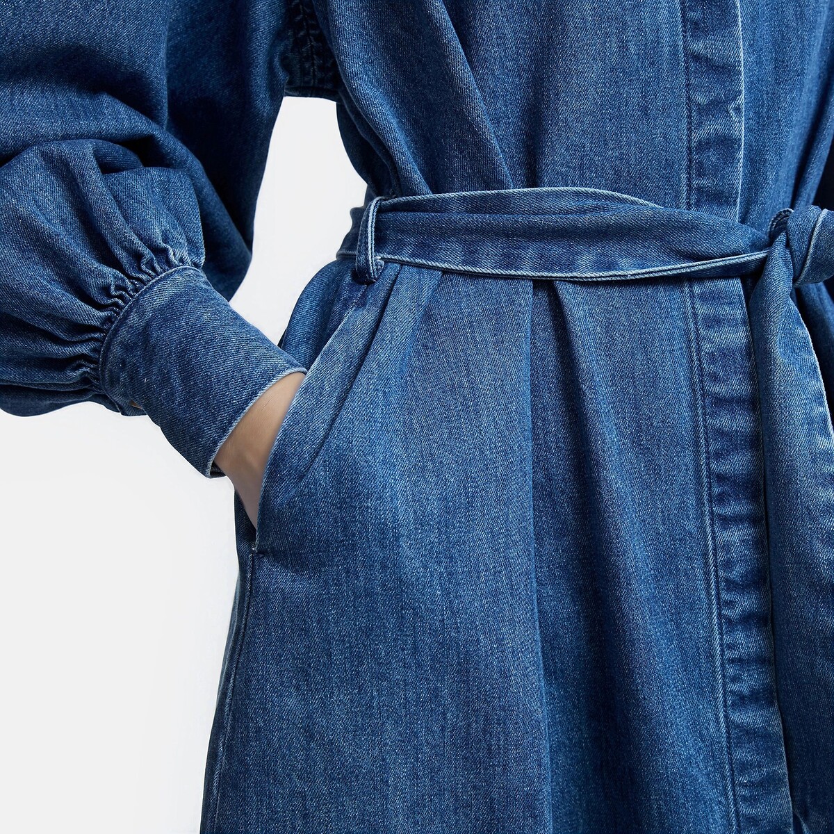 Robe longue en jean à manches longues avec ceinture à nouer bleu stone, LA REDOUTE COLLECTIONS