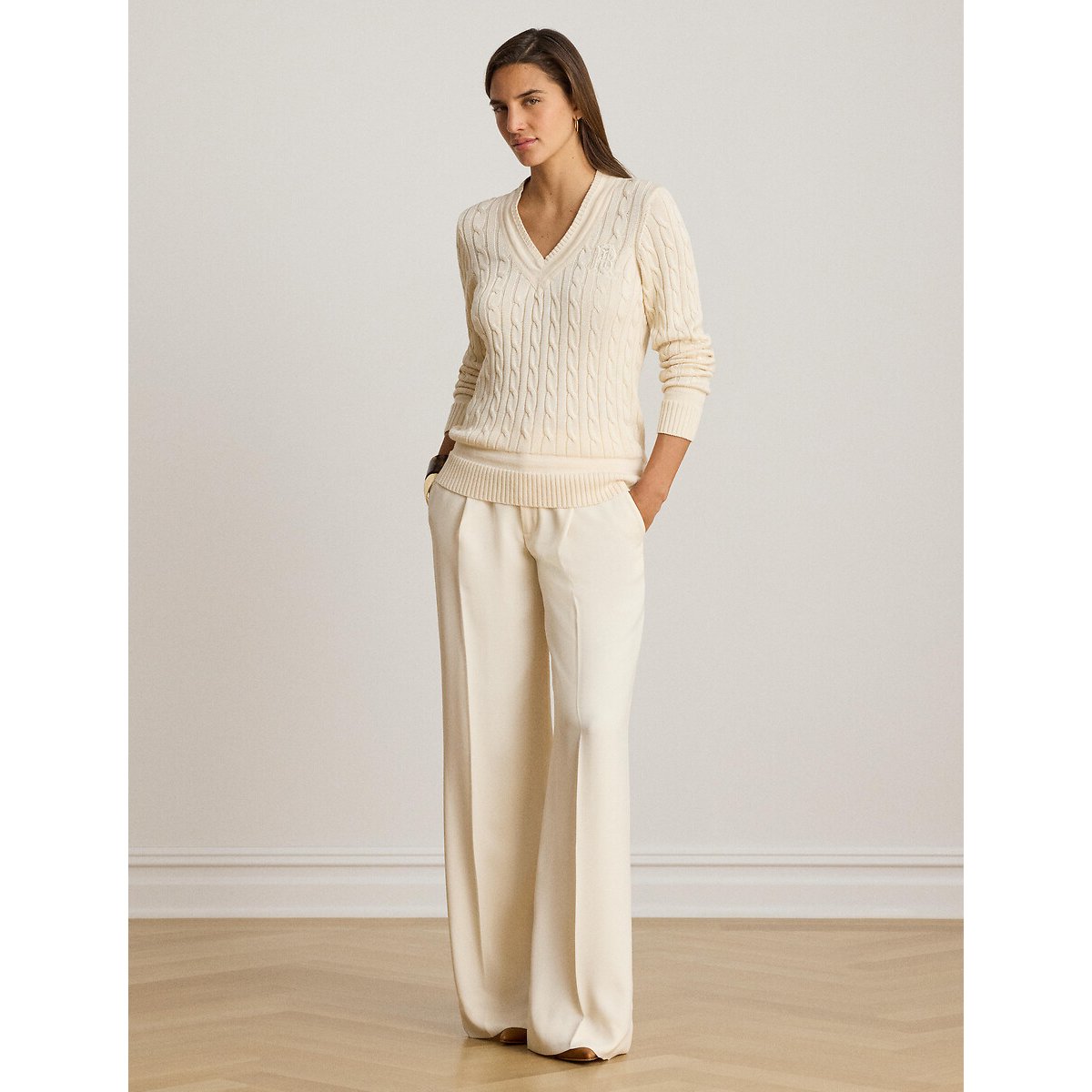 Pull col V torsadé manches longues crème, LAUREN RALPH LAUREN