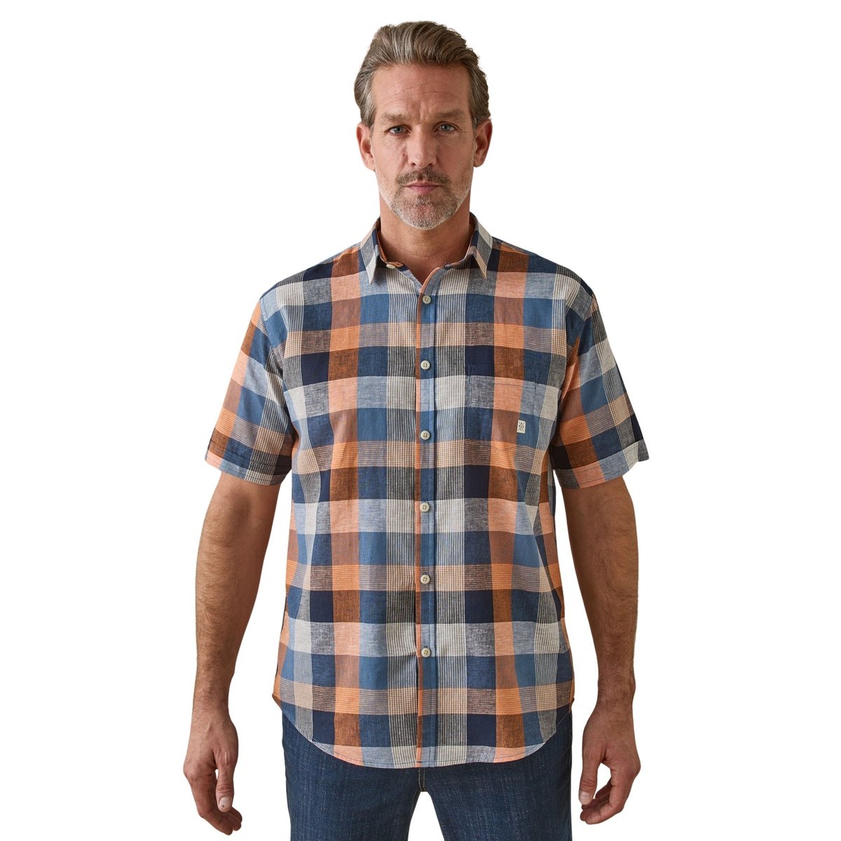 Chemise manches courtes en coton et lin orange bleu, DAXON