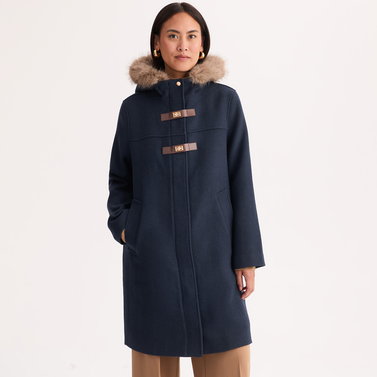 Manteau mi-long, style duffle-coat, à capuche bleu marine, ANNE WEYBURN