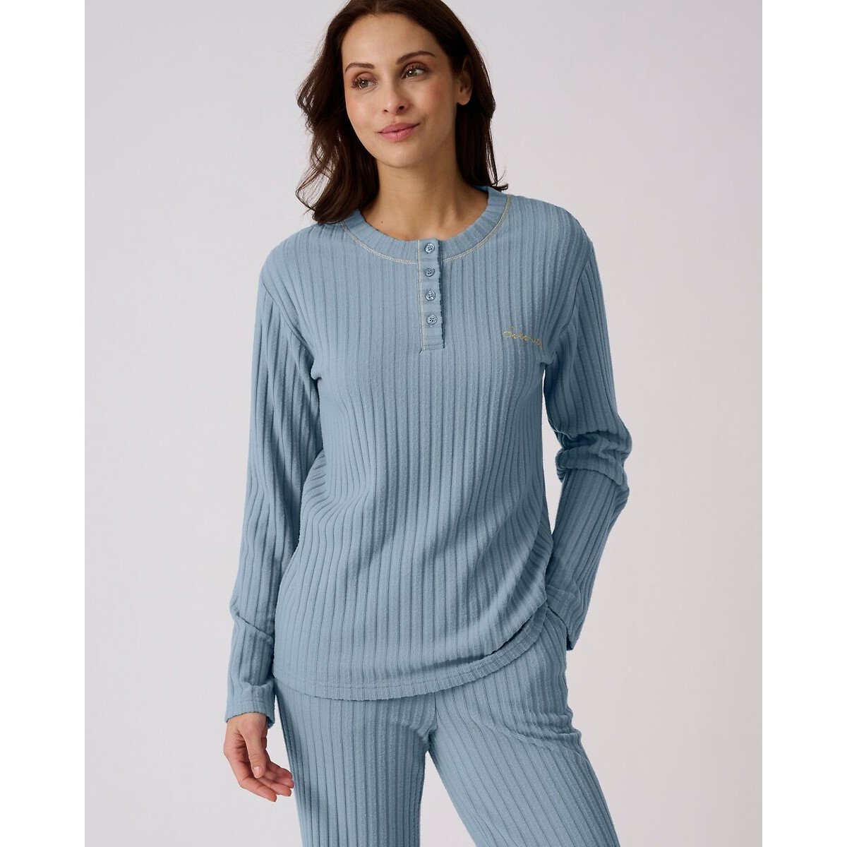 Pyjama Thermolactyl en maille côtelée bleu grisé, DAMART