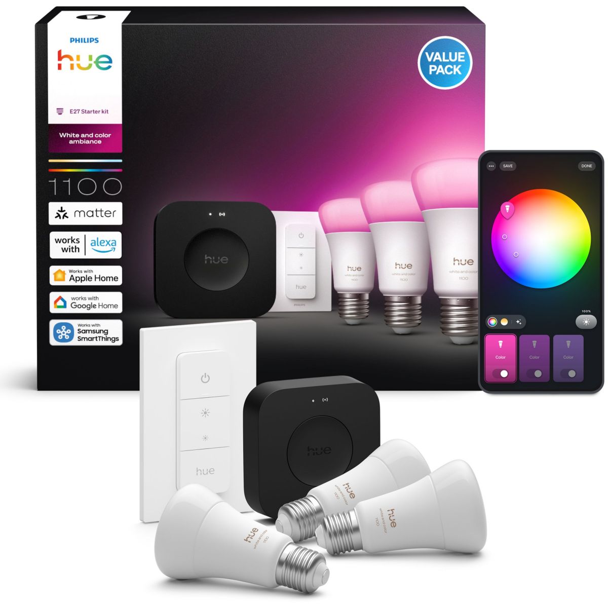 Pack 3/E27 White&Color Ambiance+Pont+TLC couleur unique, PHILIPS HUE