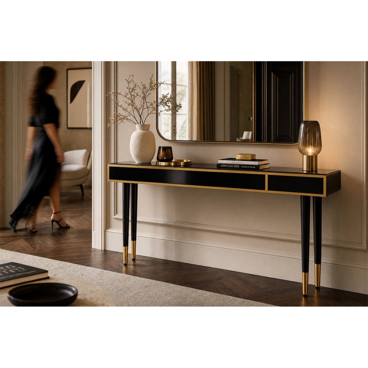 Console esprit glamour avec miroir noir et doré, RECOLLECTION