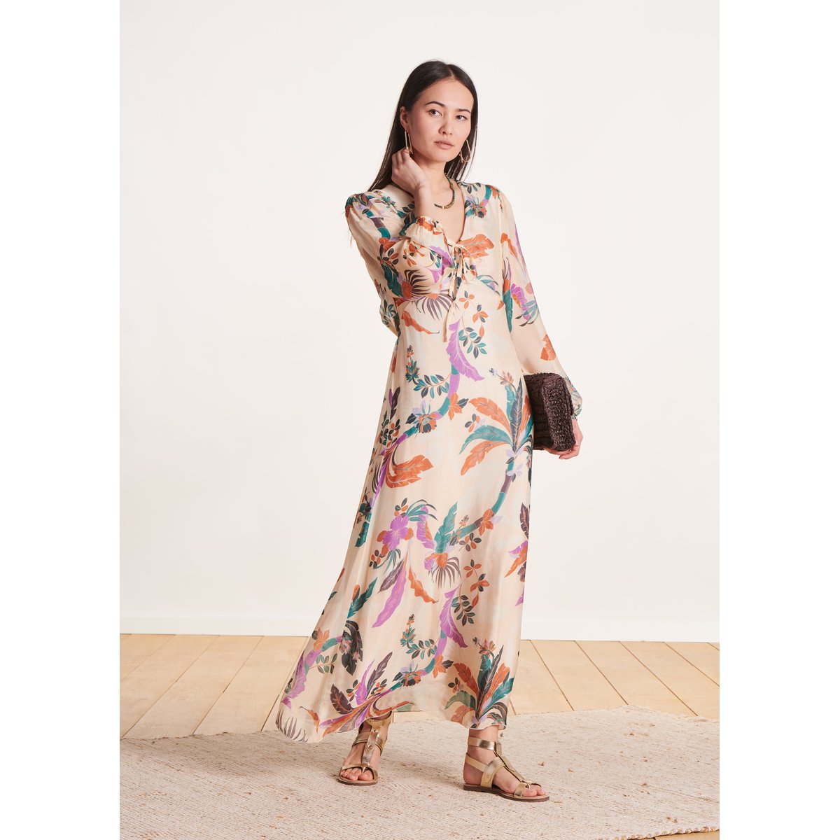 Robe longue en voile viscose/soie à imprimé blush, LA FEE MARABOUTEE