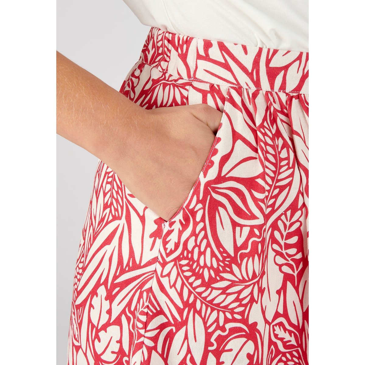 Jupe mélange lin fleurie rouge feuillage, DAMART