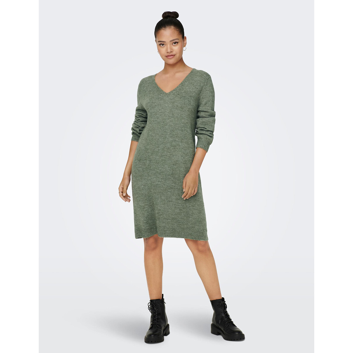 Robe pull col V vert kaki, JDY