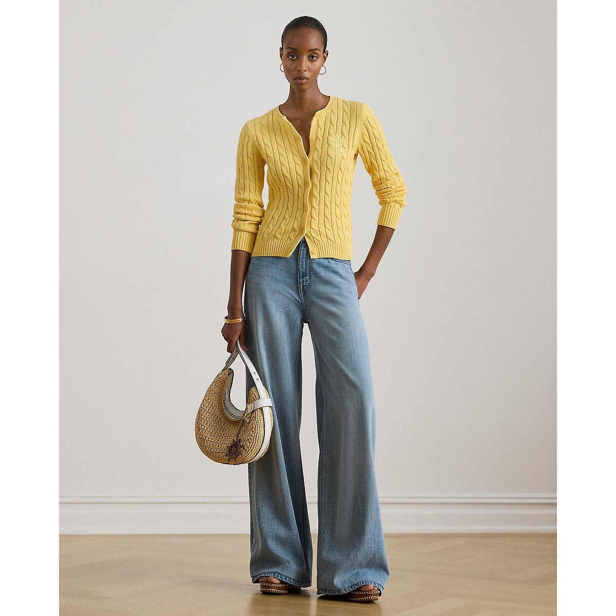 Ralhan Cotton Cable Knit Long Sleeve Cardigan lemon yellow, LAUREN RALPH LAUREN