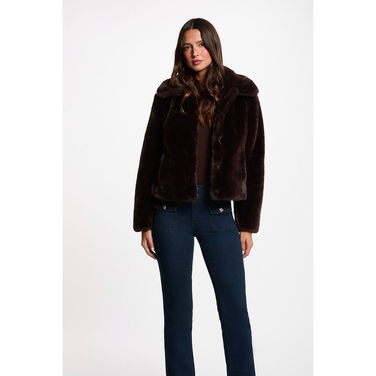 Veste courte en tissu duveteux café, MORGAN