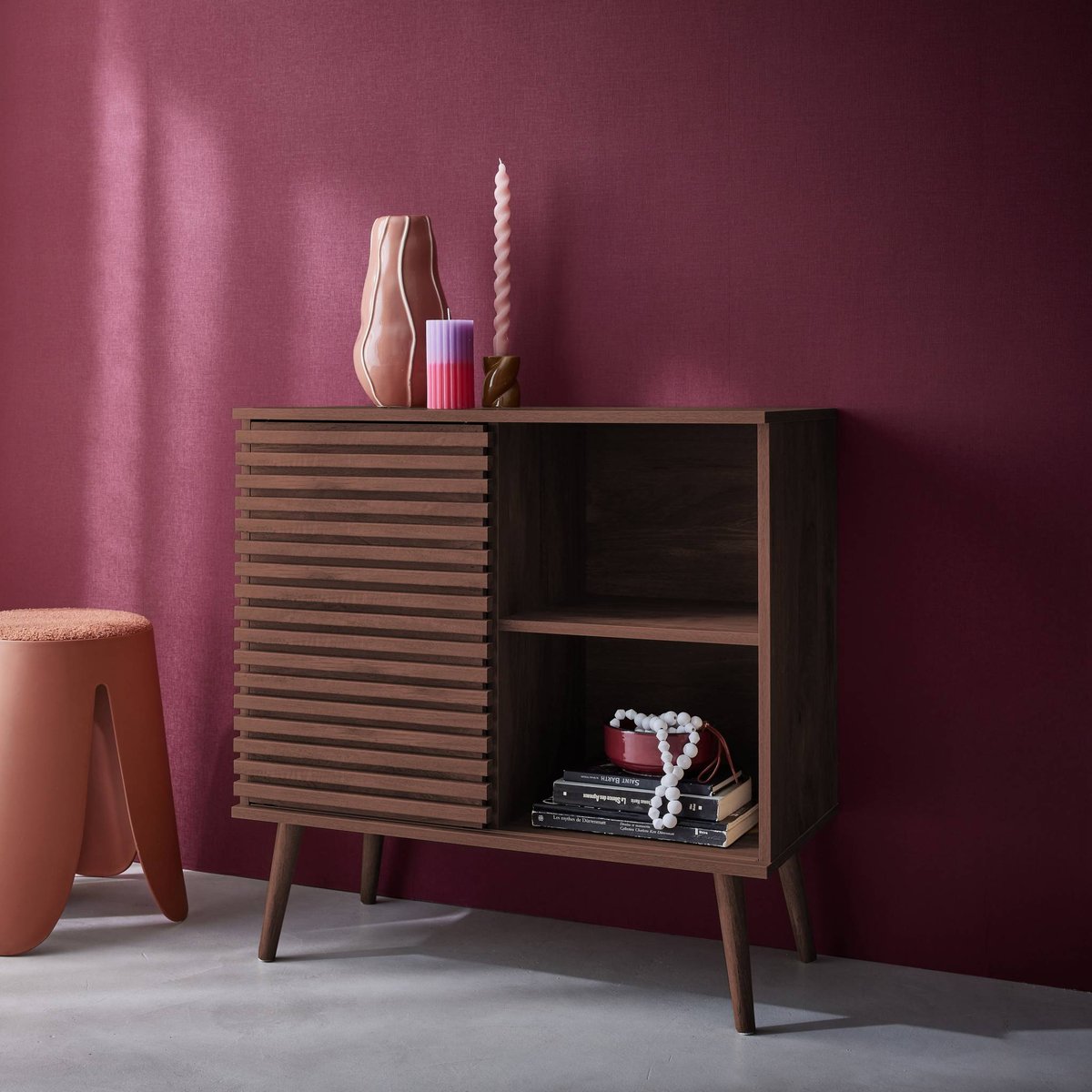 Buffet scandinave décor bois rainuré 1 porte coulissante 80cm MADERE naturel, SWEEEK