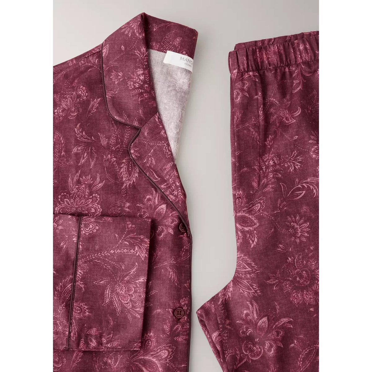 Chemise pyjama imprimée passepoil bordeaux, MANGO