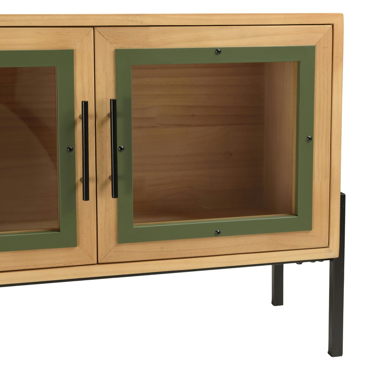 Meuble TV bois clair 4 portes vitrées contour vert BAGAN bois naturel, PIER IMPORT
