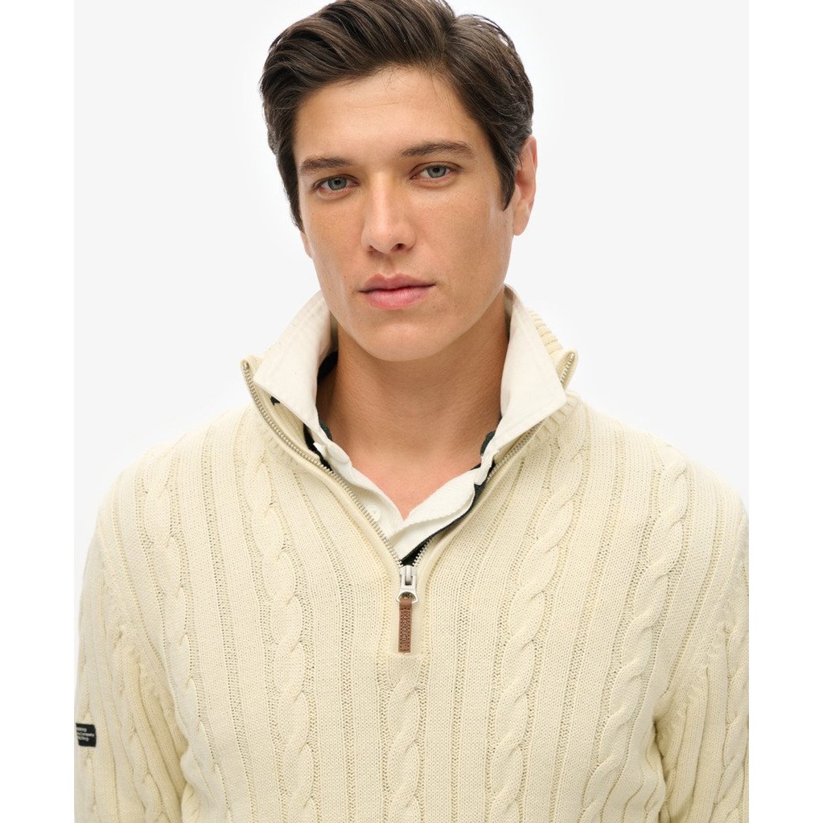 Pull en coton torsadé à col zippé Classic crème, SUPERDRY