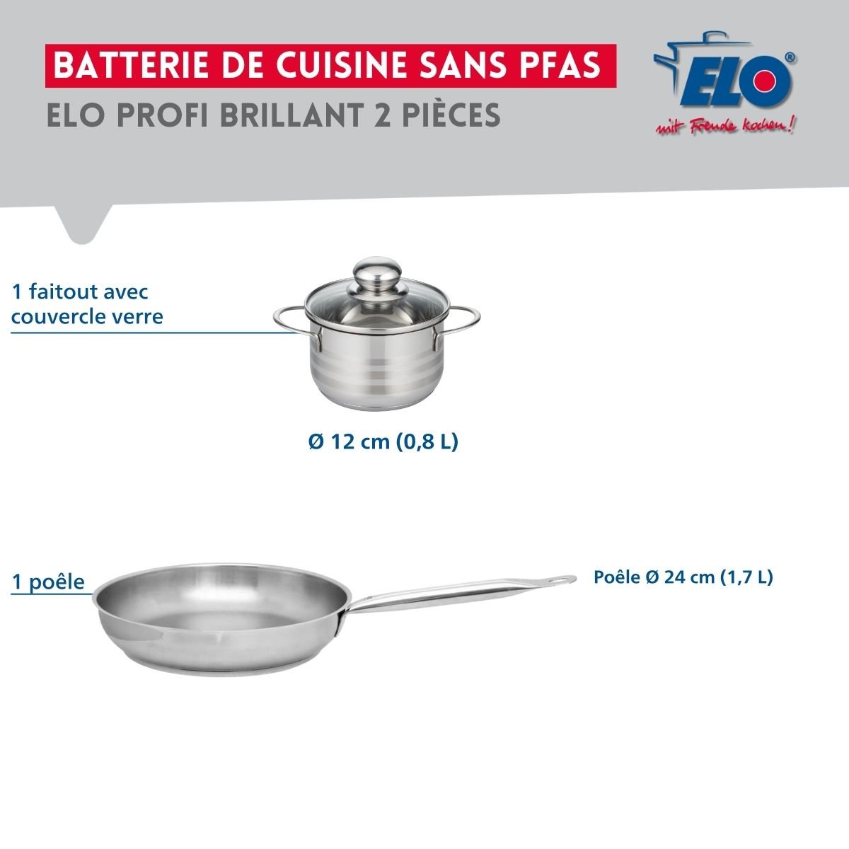 Batterie de cuisine 1 poêle 24cm + 1 faitout 12cm PROFI BRILLANT gris, ELO