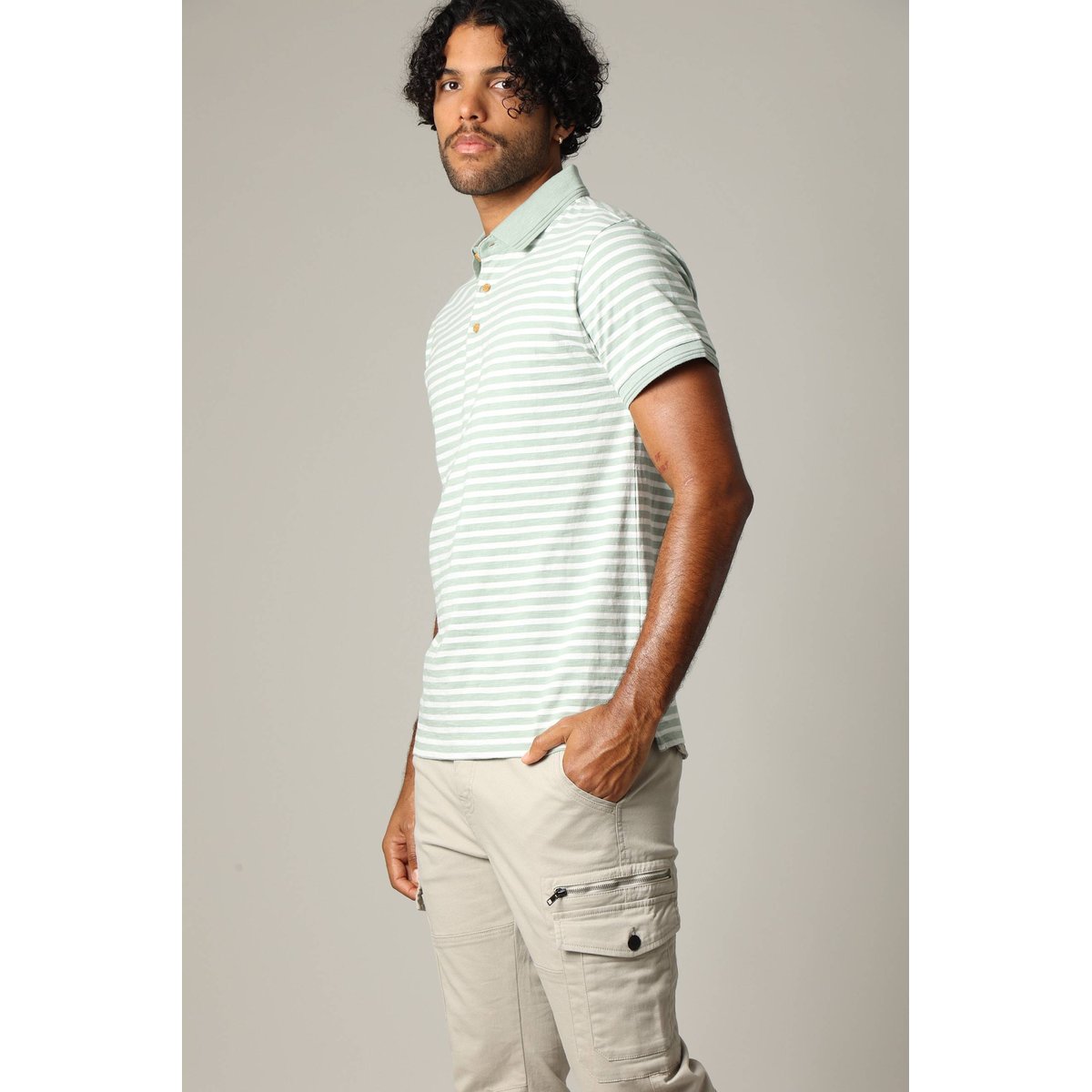 Polo homme coton coupe standard et manches courtes à rayures MAUPITI eucalyptus, DEELUXE