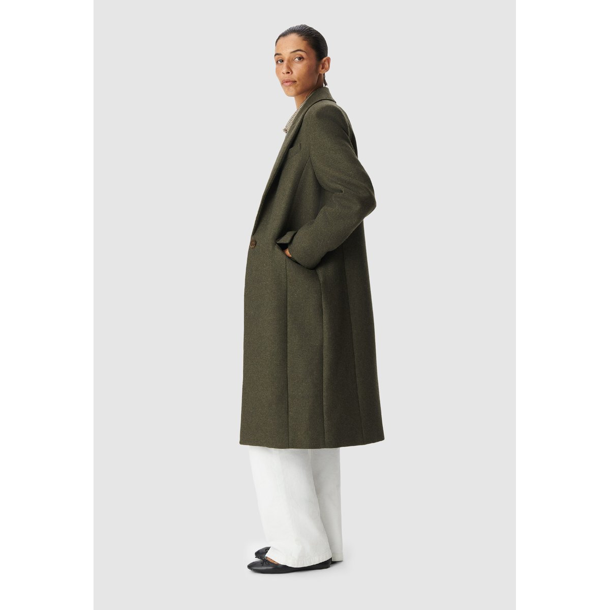 Manteau long droit lainage vert kaki, IKKS