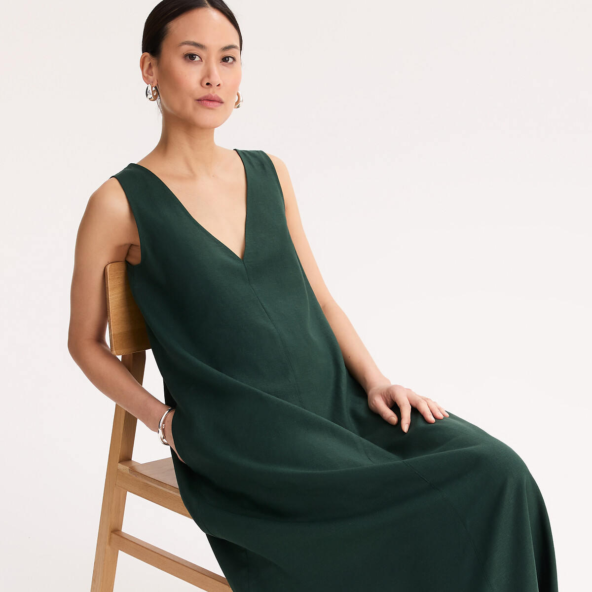 Robe sans manches longueur midi en lin et viscose vert foncé, ANNE WEYBURN