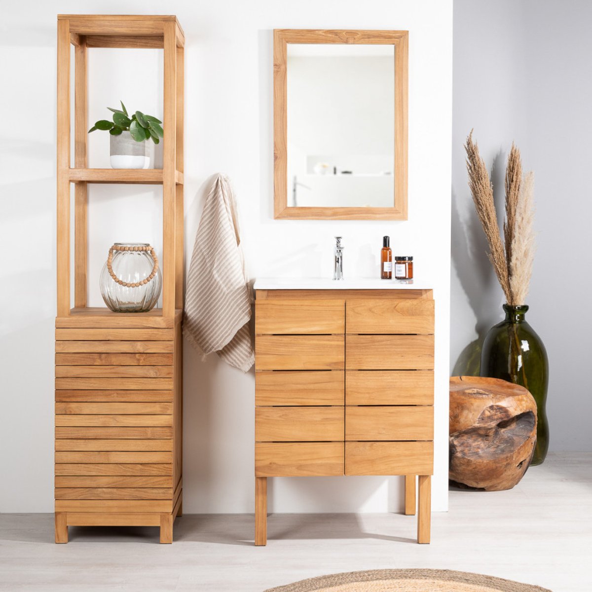 Meuble salle de bain en teck et céramique 60 cm ANANTA blanc, WANDA COLLECTION
