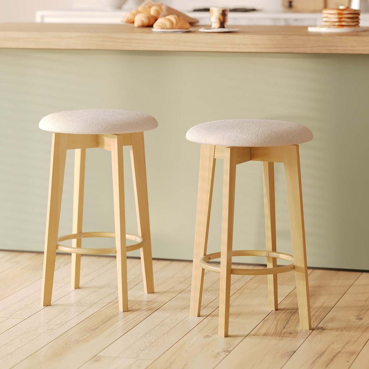 Lot de 2 tabourets pour îlot central 66 cm en tissu - VAHINA beige et bois clair, MAISON PAVANE