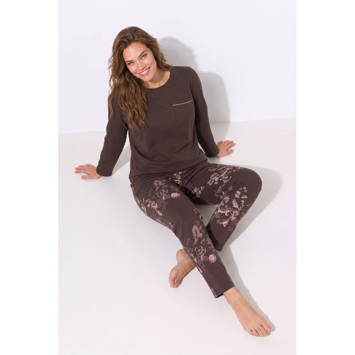 Pyjama motif fantaisie en modal mélangé marron pin, ULLA POPKEN