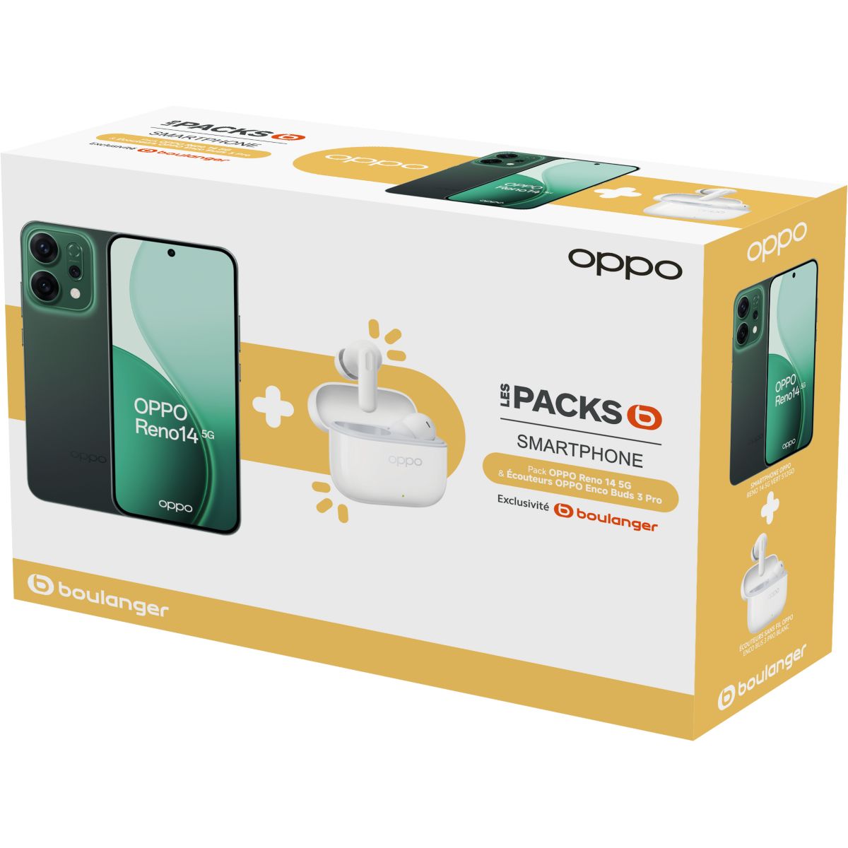 Smartphone Pack Reno 14 512Go Vert 5G + EncoBuds3 Pro couleur unique, OPPO