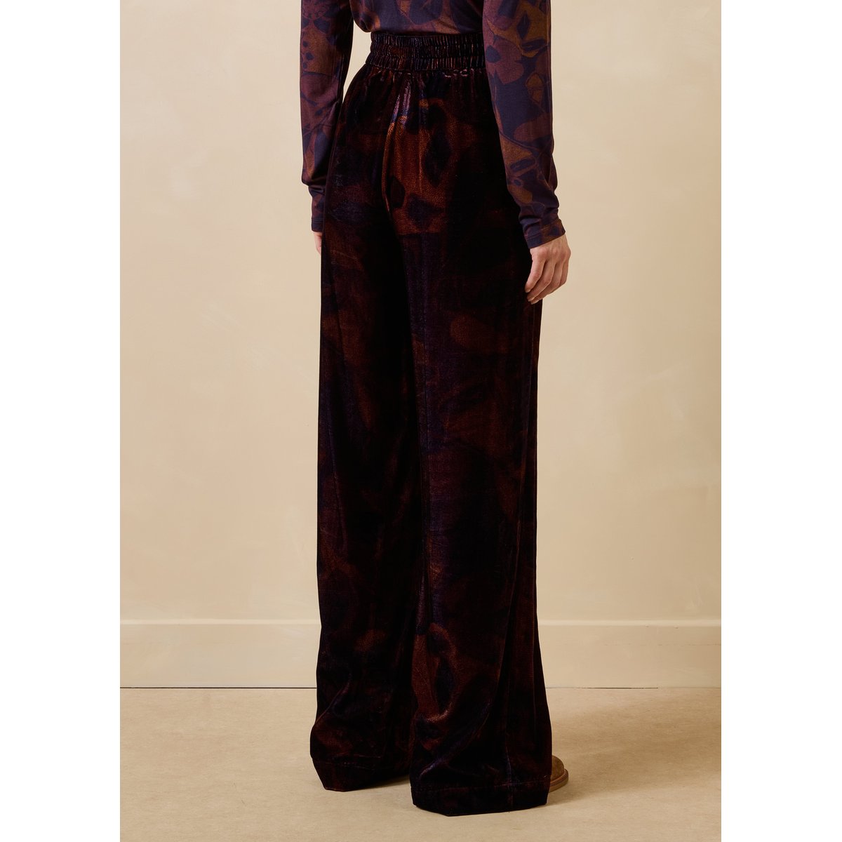 Pantalon large en velours imprimé floral viola/tandoori, LA FEE MARABOUTEE
