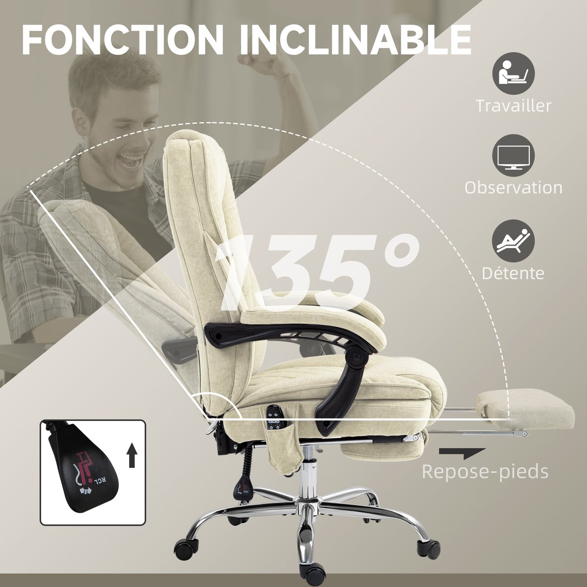 Fauteuil de bureau avec fonction massage beige, HOMCOM