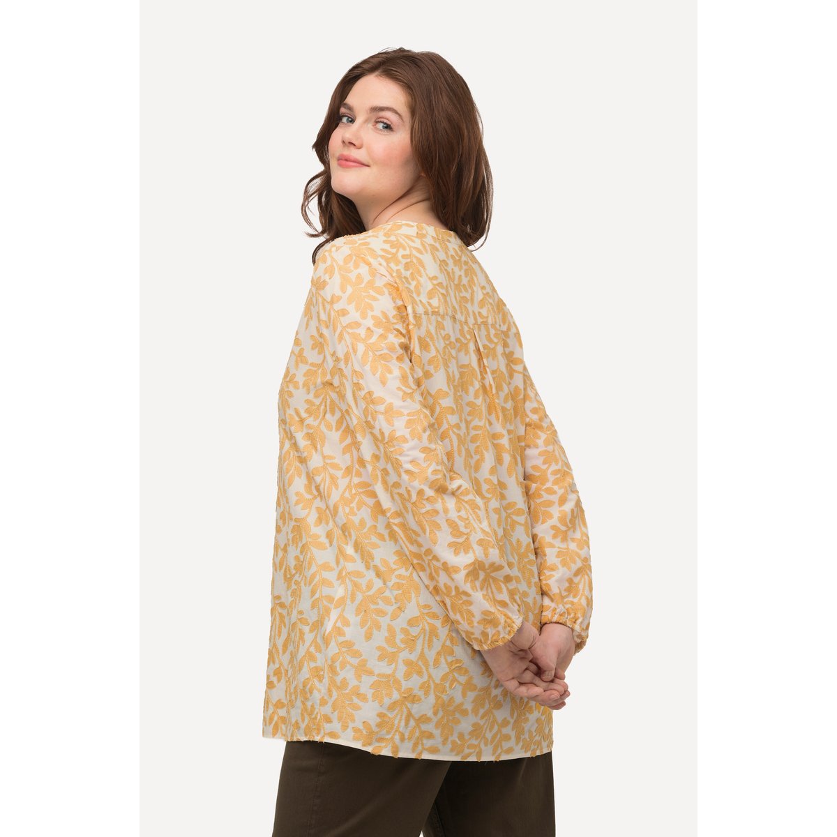 Tunique en coton bio. Motif feuillage. Col pop corn, ULLA POPKEN