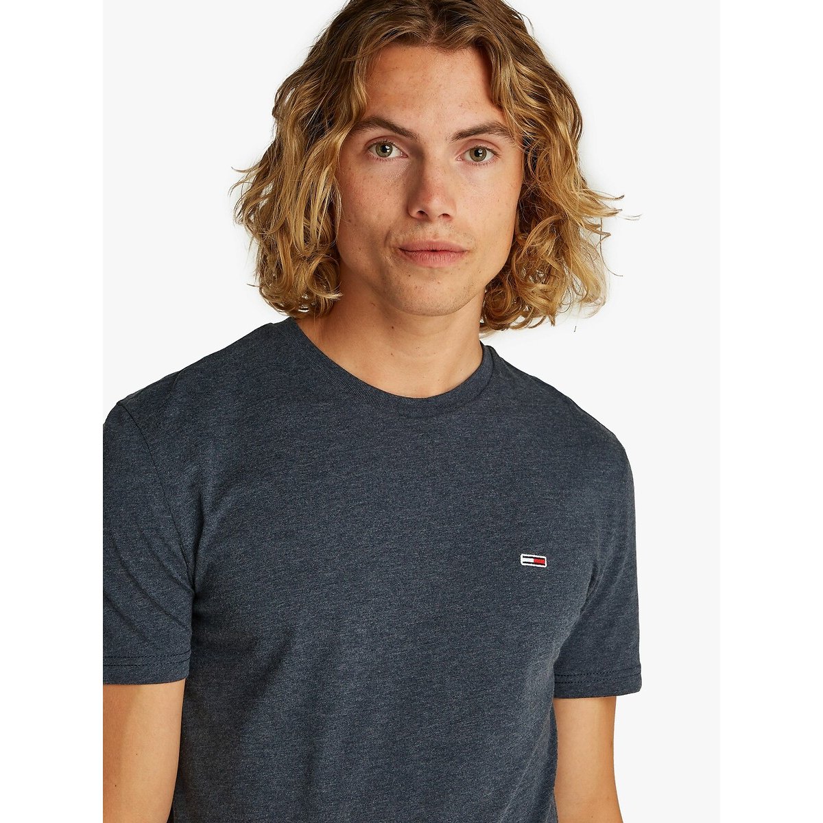 T-shirt de gola redonda slim jaspe azul escuro, TOMMY JEANS