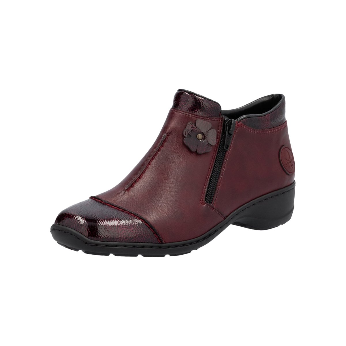 Bottines en cuir marron pourvues d'un talon à décroché bas et d'un zip bordeaux, RIEKER