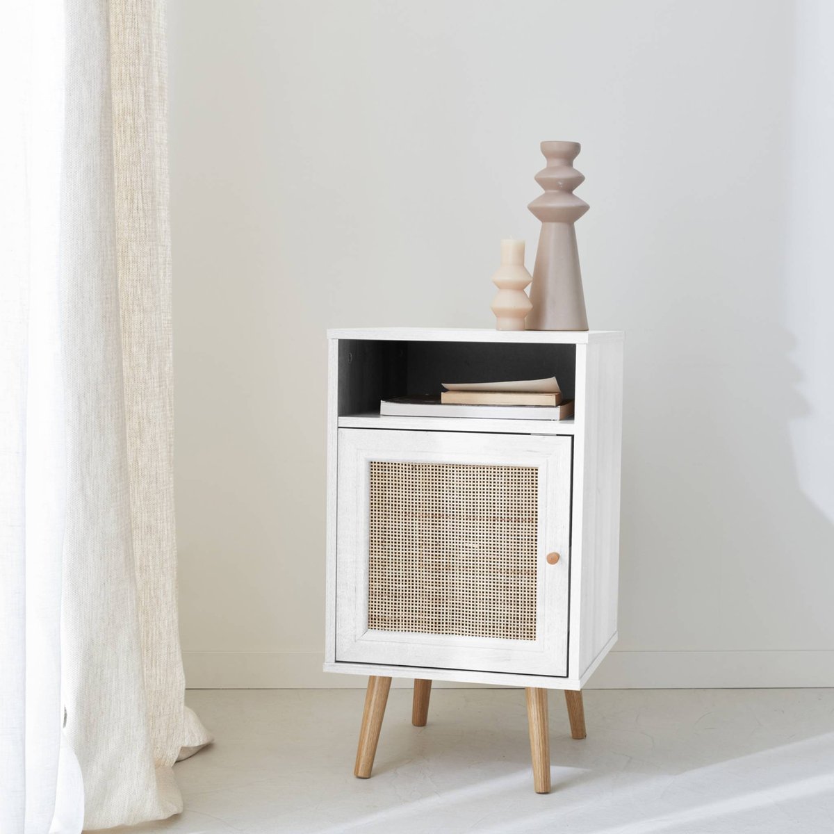 Table de chevet scandinave en cannage 1 porte BOHÈME naturel, SWEEEK