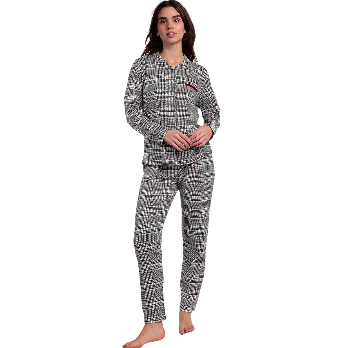 Pyjama pantalon top manches longues Houdstooth gris, ADMAS