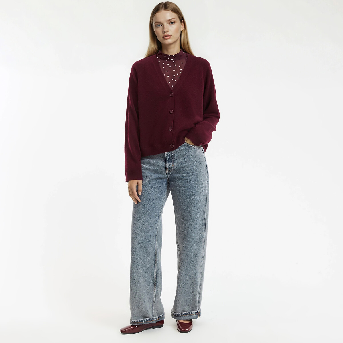Fine Cashmere Knit Cardigan with Button Fastening burgundy red, LA REDOUTE COLLECTIONS