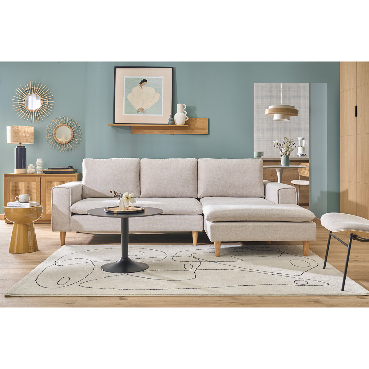 Canapé d'angle droit en tissu effet velours texturé beige et bois clair RAGNAR beige, MILIBOO