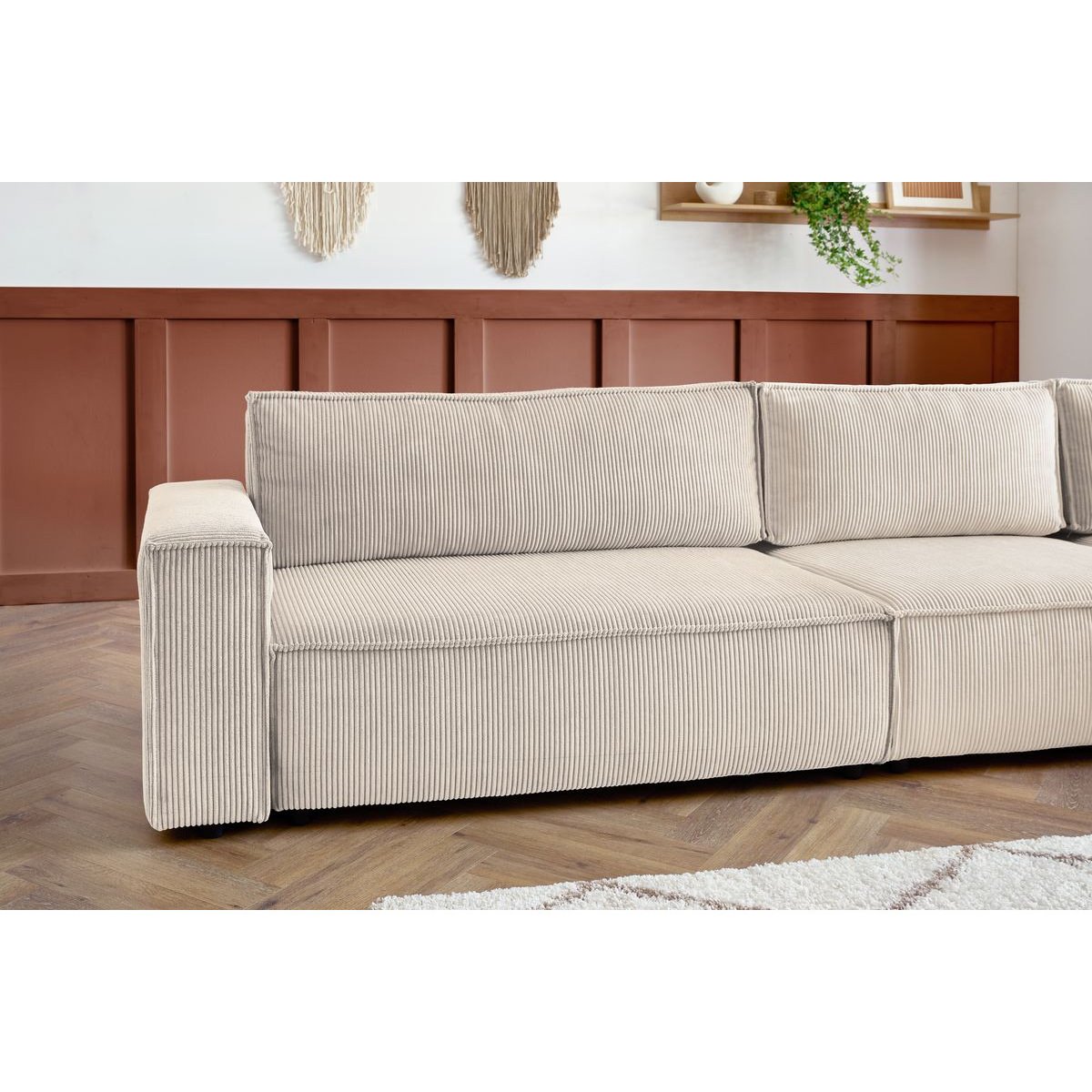 Canapé modulable 6 places en velours côtelé, NIHAD beige, BOBOCHIC