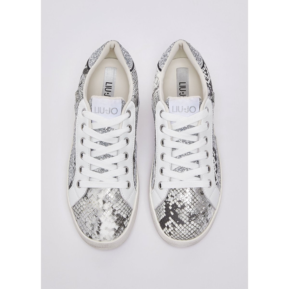 Sneakers paillettes effet python argent et blanc, LIU JO