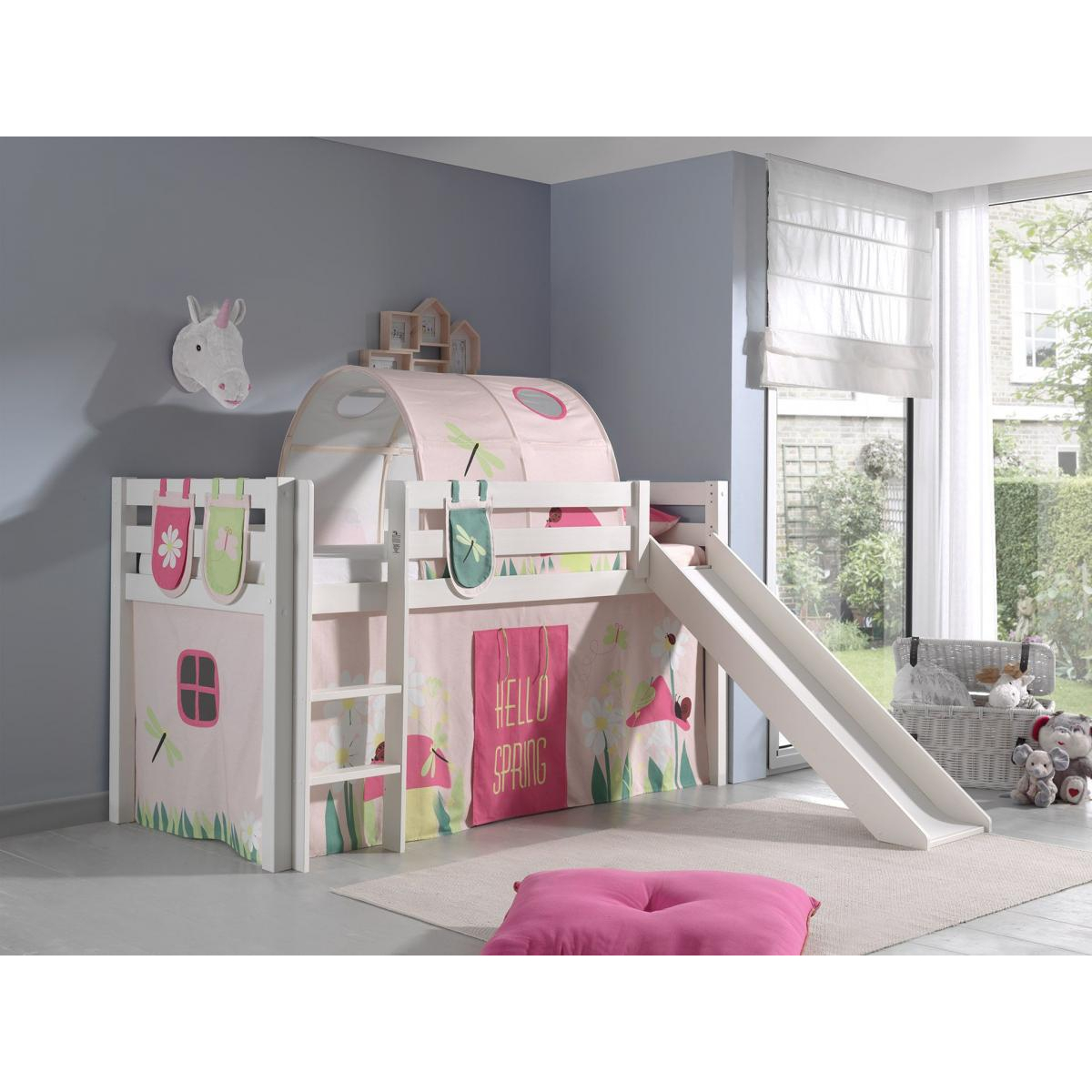 PINO Lit mezzanine avec toboggan + Rideau et tunnel de lit + 3 pochettes Spring couleur unique, VIPACK